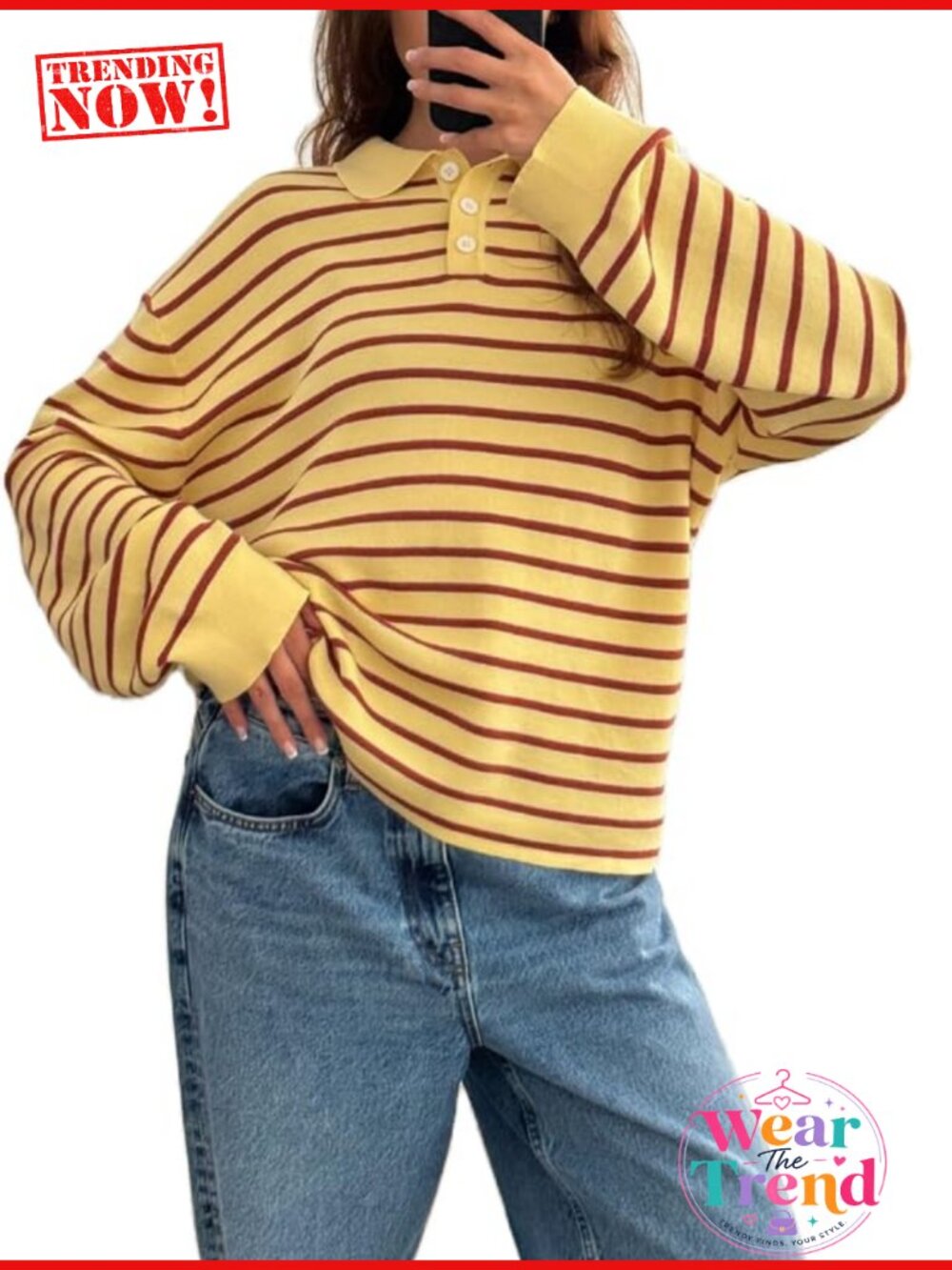 Striped Rugby Polo Sweatshirt Oversized Lapel V Neck Pullover Tunic
